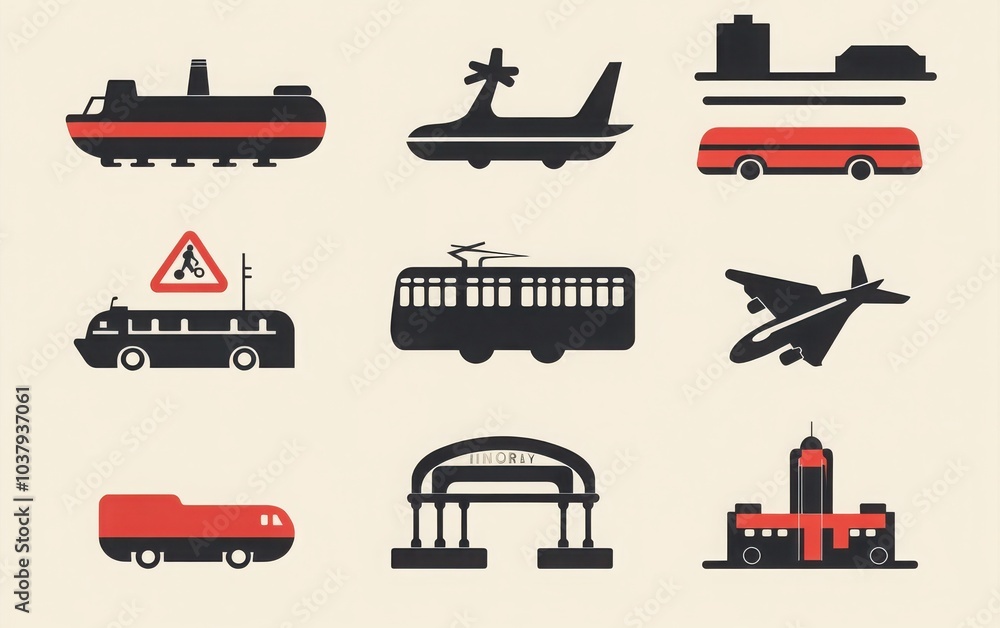 A cohesive icon set showcasing various transport modes, including a ship, airplane, and public transport stop station sign A cohesive icon set showcasing various transport modes, including a ship, airplane, and public transport stop station sign