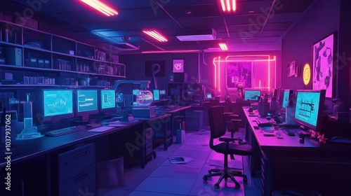 Anime-style science lab filled with research tables, computers, and lab equipment, glowing neon lights highlighting the space