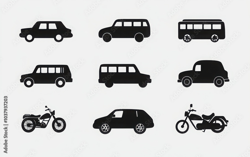 A collection of silhouette icons depicting auto transport, including a car, bus, and motorcycle, designed in a minimalist glyph style A collection of silhouette icons depicting auto transport, including a car, bus, and motorcycle, designed in a minimalist glyph style