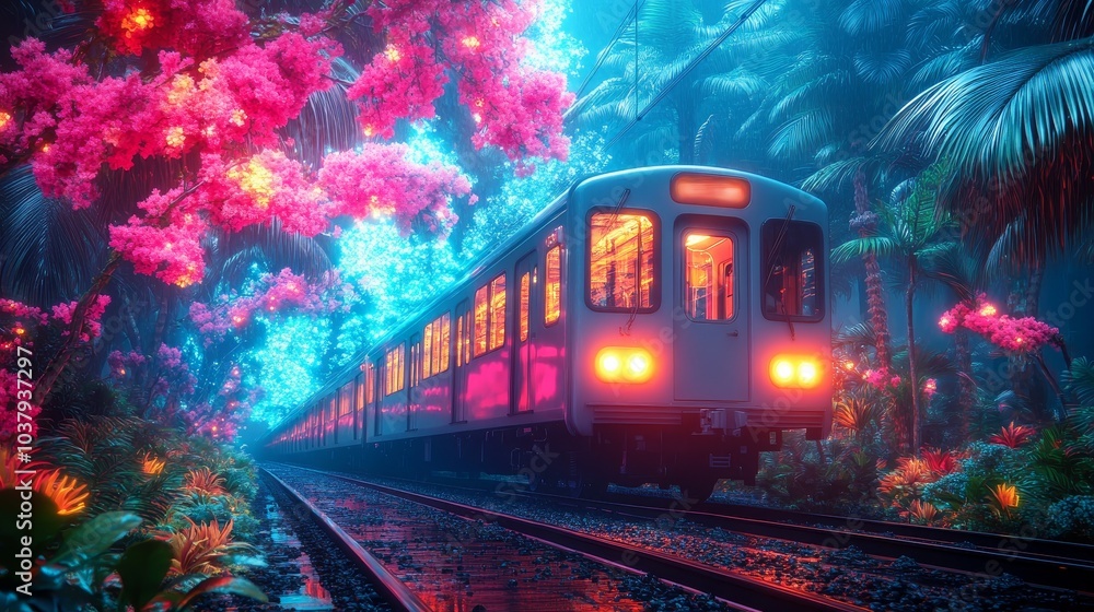 Obraz premium Futuristic Train Station Amidst Lush Tropical Flora and Neon Lights