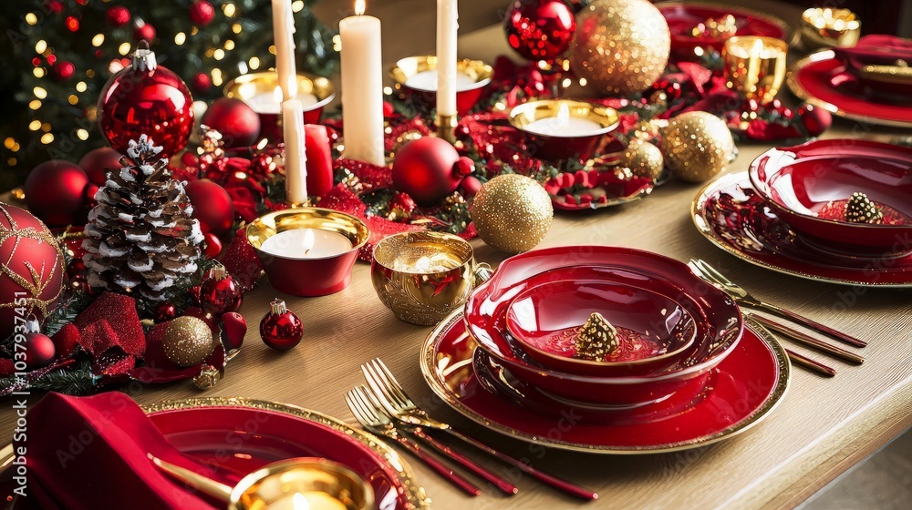 Festive Christmas table setting with red and gold accents, candles, and ornaments. Festive Christmas table setting with red and gold accents, candles, and ornaments.