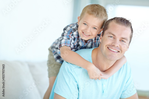 Schilderij op canvas Boy, dad and piggy back in portrait in home with smile, bonding and love for games, funny or connection on sofa