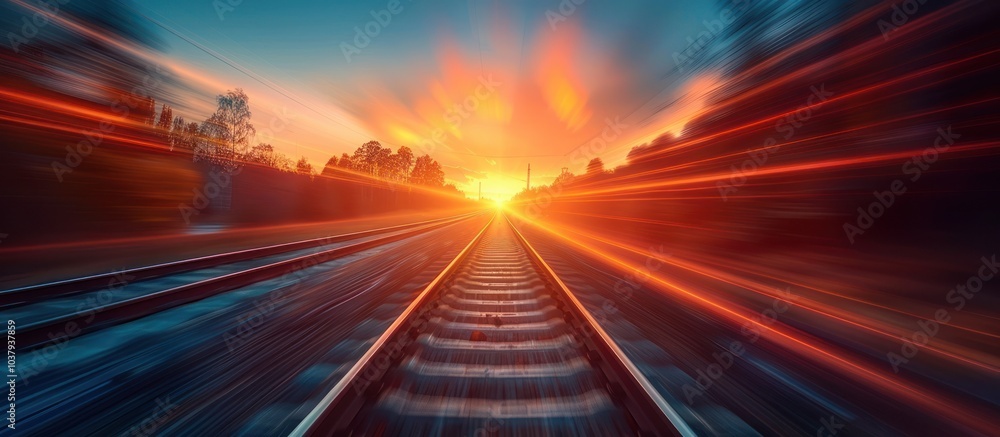 Motion Blur of Railroad Tracks Leading Towards the Setting Sun. Motion Blur of Railroad Tracks Leading Towards the Setting Sun.
