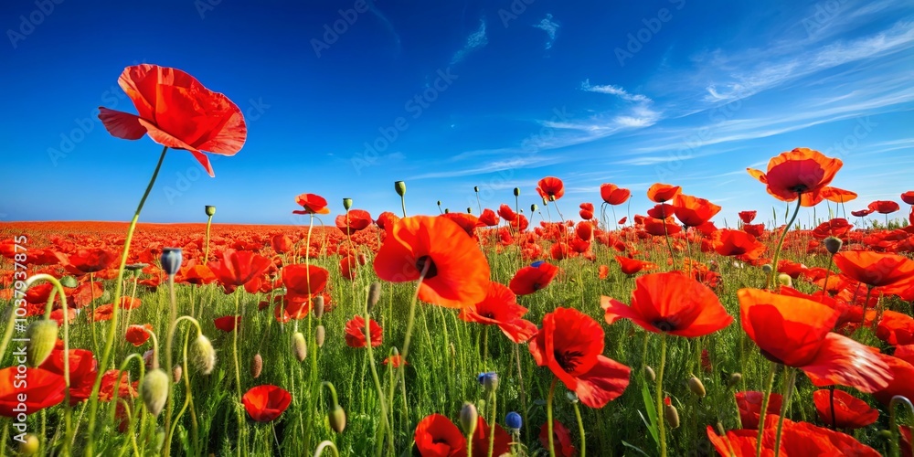 Obraz premium A vibrant field of scarlet poppies, stretching out towards a brilliant blue sky with wispy white clouds, captures the essence of summer's beauty.