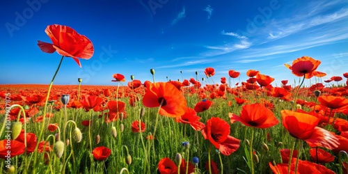 A vibrant field of scarlet poppies, stretching out towards a brilliant blue sky with wispy white clouds, captures the essence of summer's beauty.