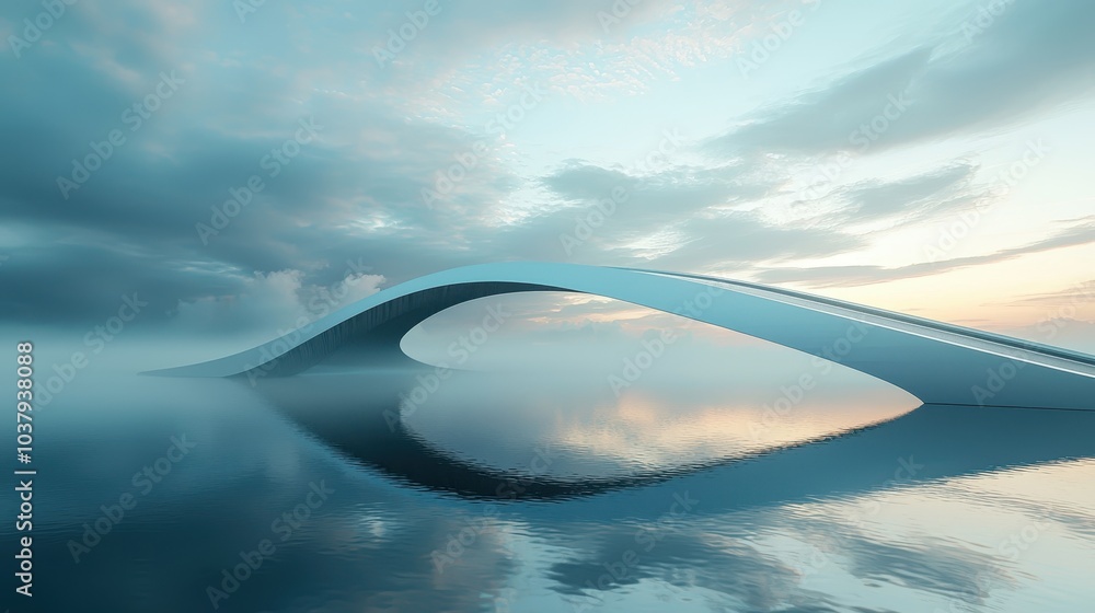 Futuristic Curved Bridge Over Calm Lake Futuristic Curved Bridge Over Calm Lake