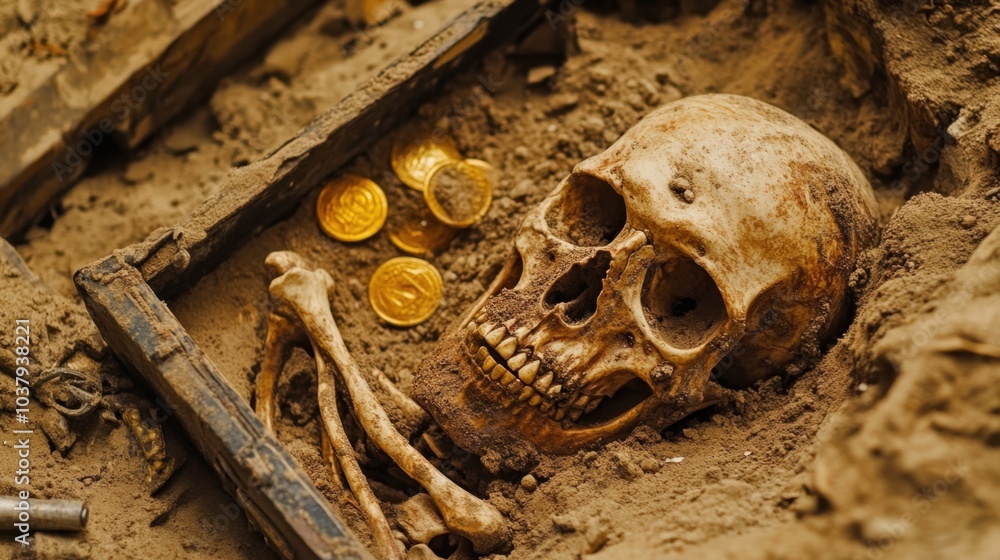 Fototapeta premium Buried skeleton unearthed with a treasure chest nearby, revealing golden doubloons and precious jewels beneath the dirt