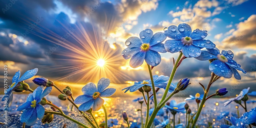 Fototapeta premium A field of delicate blue flowers adorned with glistening dew drops basking in the warm glow of the setting sun, creating a breathtaking symphony of nature's beauty.