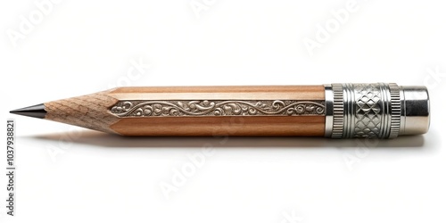 An ornately decorated wooden pencil with a metal cap and intricate engravings, a captivating blend of artistry and utility.