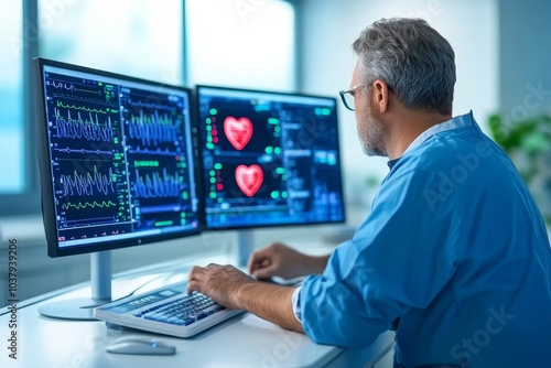 Healthcare Professional Analyzing Patient Heart Data on Dual Monitors