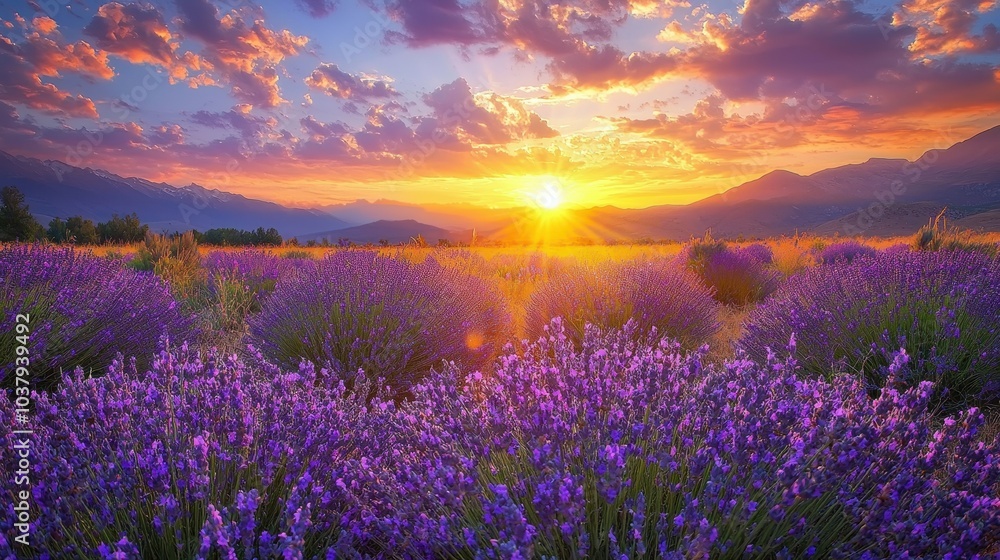 Fototapeta premium Serene Sunset Over Lavender Field