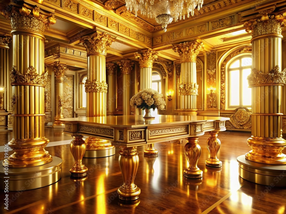 Fototapeta premium The exquisite gold table, framed by stunning gold pillars, enhances an AI-generated room's opulence, offering a