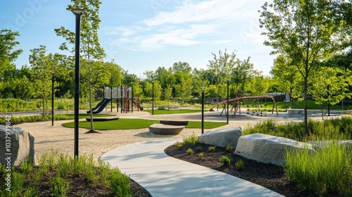 Fototapeta Naklejka Na Ścianę i Meble -  A serene shot of a landscape architect designing a community park with playgrounds and green spaces, Community park design scene, Public space integration style