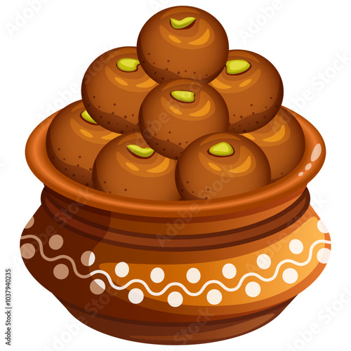 Gulab Jamun in Earthen Pot or Matka Garnished with Pistachios - Traditional Indian Sweets Vector Illustration 
