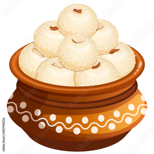 Rasgullas in Matka or Mud Pot with Almonds and Coconut Garnish - Authentic Indian Celebratory Dessert 
