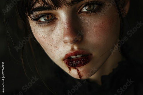 Expressive eyes and a marked mouth in a young woman's portrait depict distress.