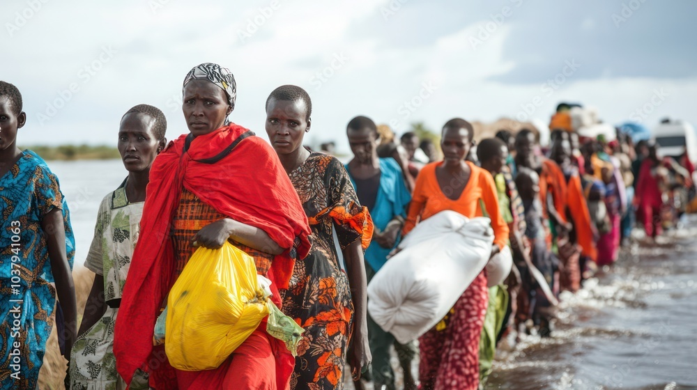 A group of women are walking through water, some of them carrying bags A group of women are walking through water, some of them carrying bags
