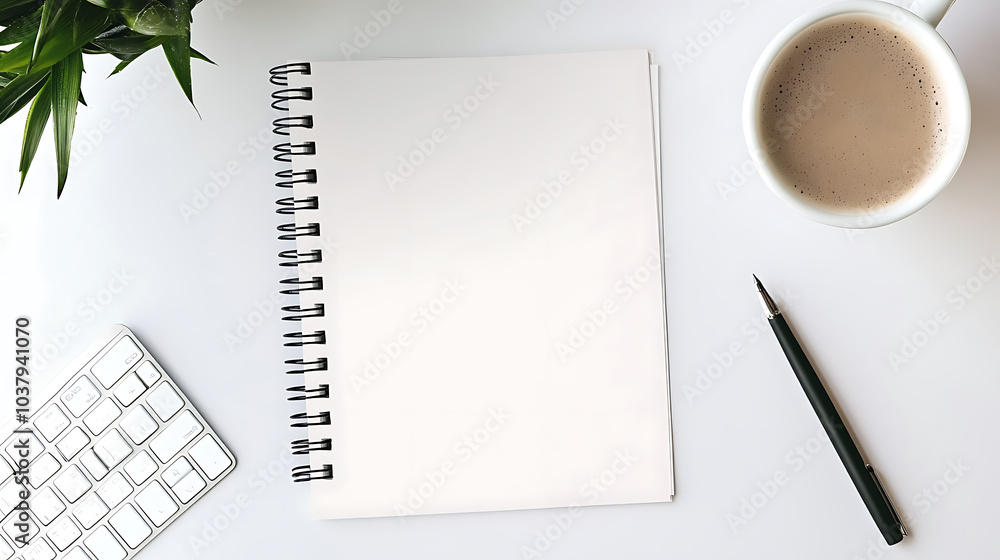Top view of light desk with blank white notepad, pen and coffee cup. created with Generative AI technology Top view of light desk with blank white notepad, pen and coffee cup. created with Generative AI technology