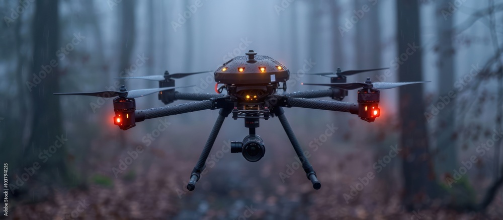 A drone hovers in a foggy forest, its red lights illuminating the mist. A drone hovers in a foggy forest, its red lights illuminating the mist.