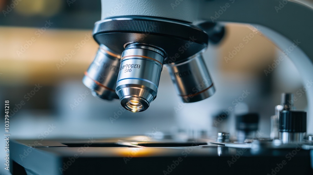 A microscope with a blue and orange lens A microscope with a blue and orange lens
