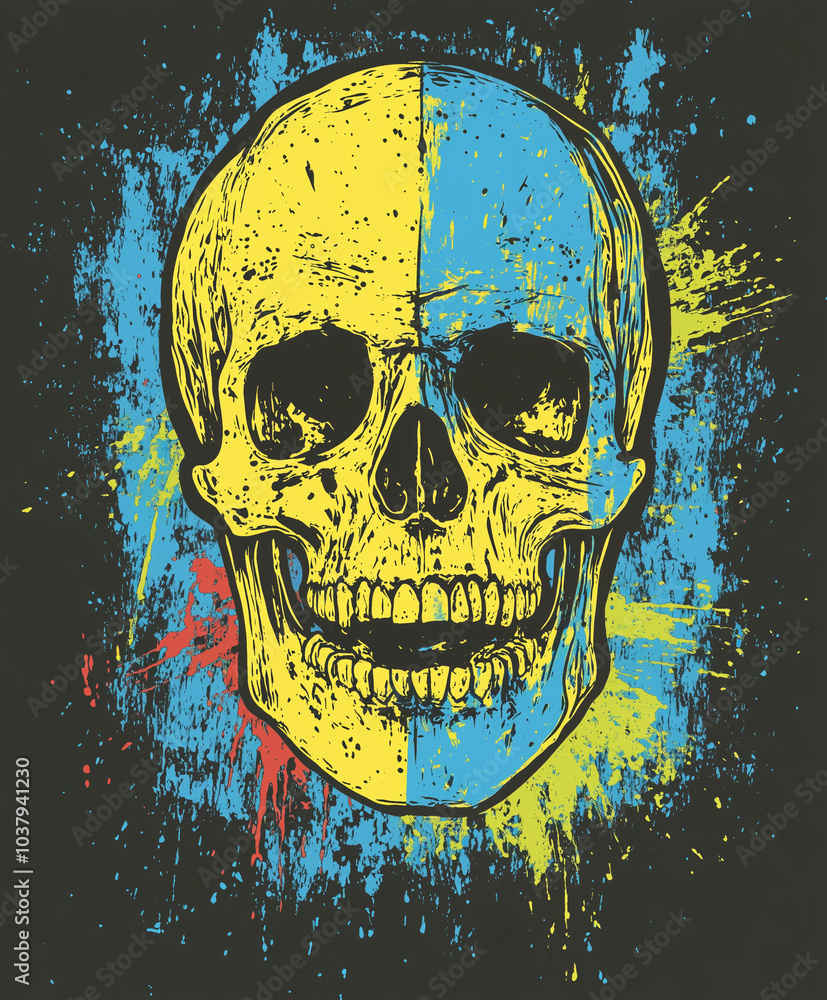 Bright skull in neon shades with flowing paint effect on black background,for printing on fabric and paper.Extravagant print for t-shirt and other clothes Bright skull in neon shades with flowing paint effect on black background,for printing on fabric and paper.Extravagant print for t-shirt and other clothes