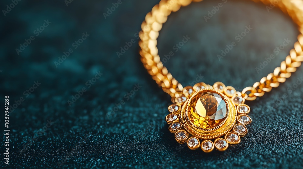 A golden necklace with a large gemstone centerpiece displayed on a dark background, gold necklace, luxurious jewelry A golden necklace with a large gemstone centerpiece displayed on a dark background, gold necklace, luxurious jewelry