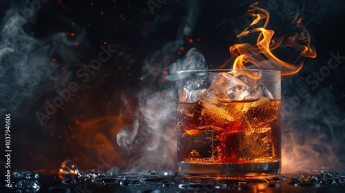 Old fashioned rum cocktail with ice cubes on a dark background, AI generated image