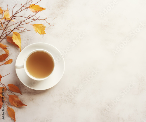 The white tea cup on a saucer, with scattered red and orange leaves