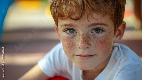 Cheerful Ginger Boy with Freckles and Bright Smile Enjoying Sunny Day photo