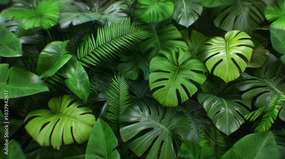 Lush green tropical foliage background with various textures and shapes of leaves. Lush green tropical foliage background with various textures and shapes of leaves.