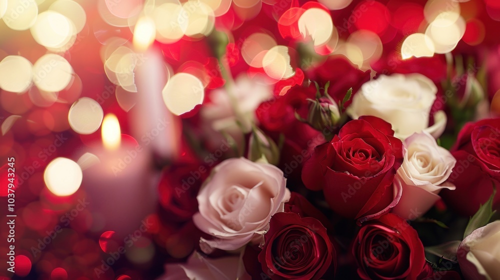 Bunch of white, red roses and candles Wedding flower bokeh background, AI generated image Bunch of white, red roses and candles Wedding flower bokeh background, AI generated image