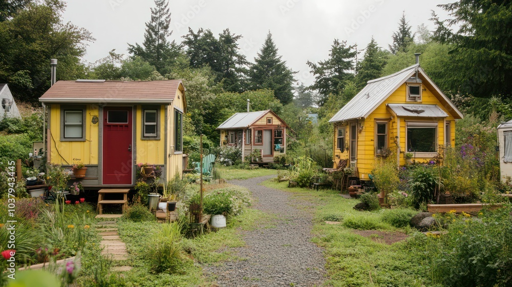 Fototapeta premium Three small yellow houses are in a yard with a gravel path in between them