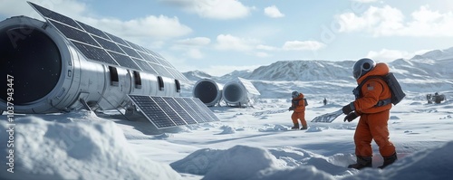 Colonists creating solar arrays on a frozen alien planet, adapting to extreme cold photo