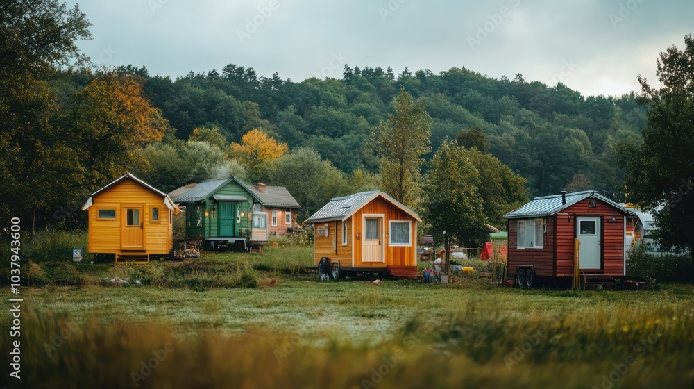 Fototapeta premium A row of small houses are lined up in a field