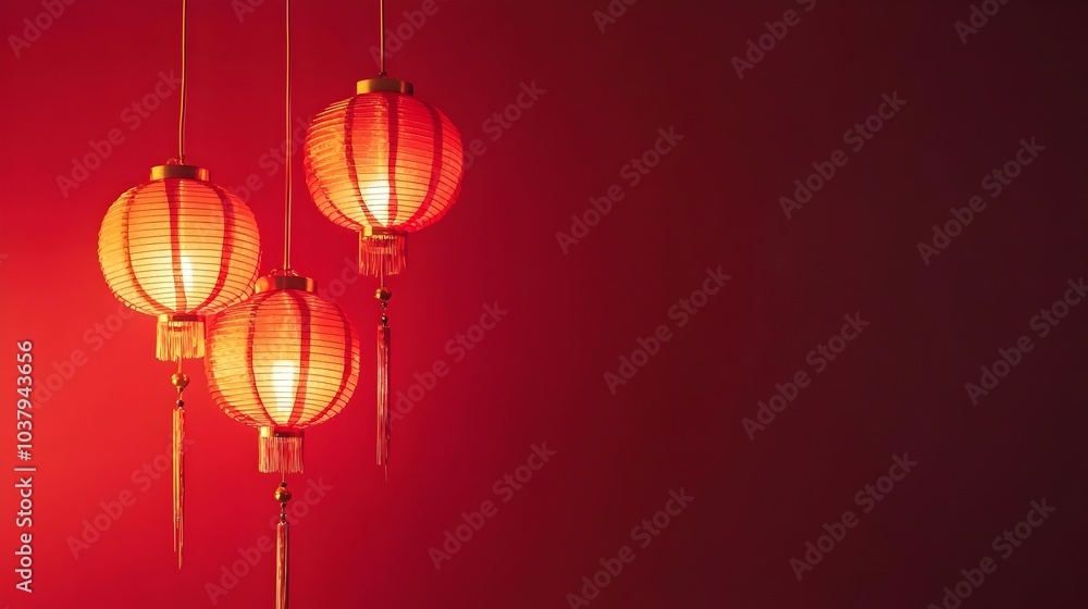 Hanging Red Lanterns with Golden Light Reflections over Deep Red Gradient Background Hanging Red Lanterns with Golden Light Reflections over Deep Red Gradient Background