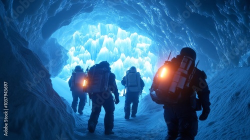 Colonists exploring alien caves filled with glowing crystals, sci-fi adventure