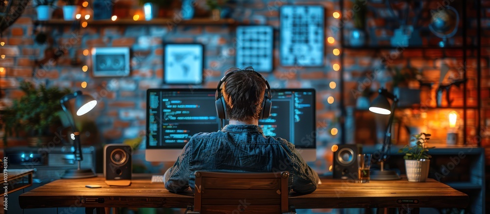 Rear view of a man wearing headphones and sitting in front of a computer, working on a programming project, in a cozy home office. Rear view of a man wearing headphones and sitting in front of a computer, working on a programming project, in a cozy home office.