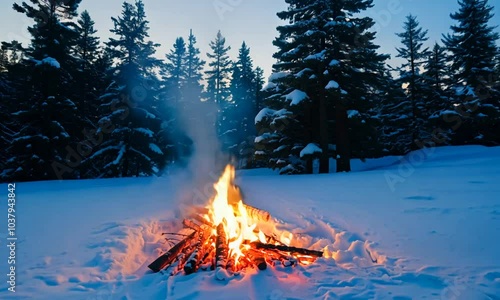 campfire in the forest in winter