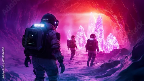 Colonists in exosuits exploring a cave system with glowing alien crystals photo