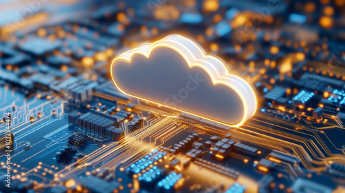 A glowing cloud symbol hovers above a circuit board, representing digital cloud technology and connectivity within electronic systems and data networks.