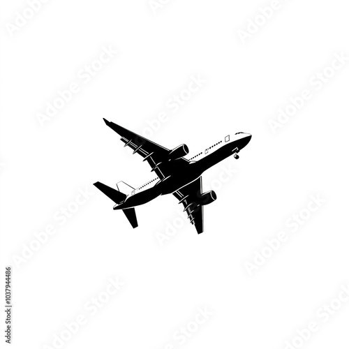 Airplane silhouette clipart, minimalist element, black and white, isolated on white background 