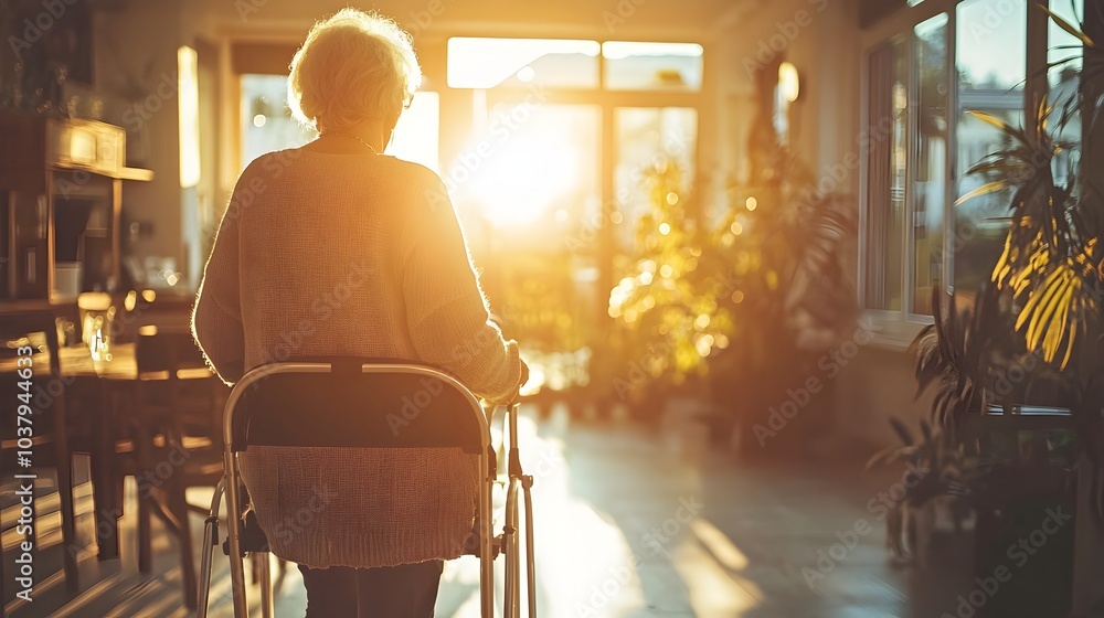 Obraz premium Senior Woman Using Walker In Sunlit Dining Room,Aging In Place Home Design