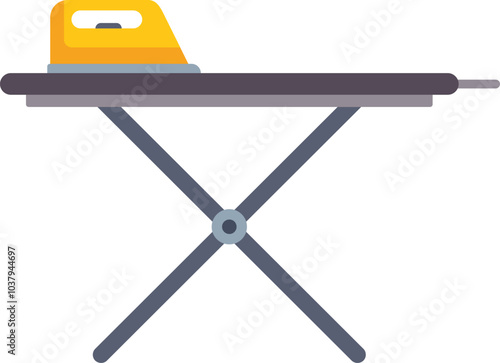 Empty ironing board with a yellow iron is waiting to be used for ironing
