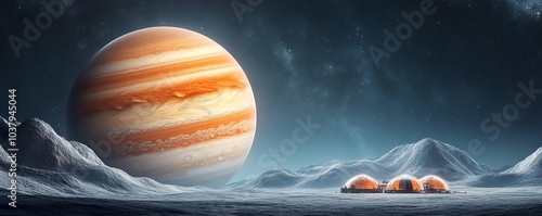 First human settlement on a gas giant s moon, massive planet in the sky photo