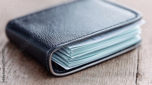 A close-up photo of a sleek black wallet with visible cash, resting on a wooden surface.