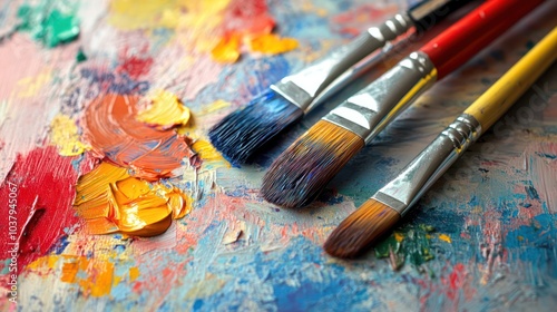 A set of paintbrushes are laid out on a canvas with a variety of colors of paint