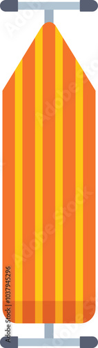Orange and yellow striped ironing board with metal legs standing upright, ready for ironing