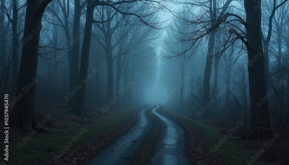 Fototapeta premium Foggy pathway winding through spooky haunted woods at twilight with shadows lurking and an ominous feeling in the air.