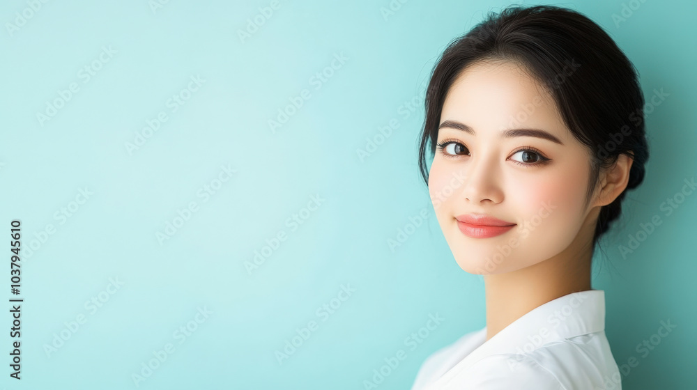 A person with a soft smile poses against a light blue background, exuding warmth and confidence in a serene portrait. A person with a soft smile poses against a light blue background, exuding warmth and confidence in a serene portrait.