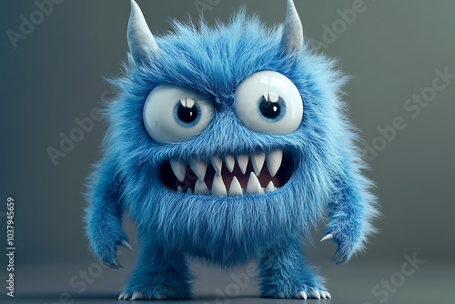 A fluffy blue monster with large eyes and sharp teeth, exuding a playful yet mischievous vibe.